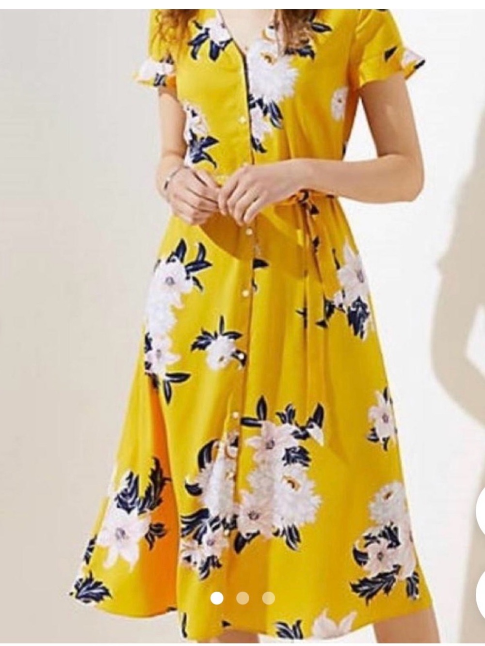 LOFT Yellow Floral Button-Front Midi Dress with Tie Waist